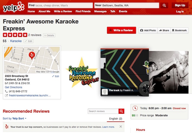 Yelp review page for Freakin' Awesome Karaoke Express