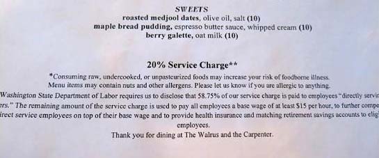 service charge on menu at the Walrus and the Carpenter