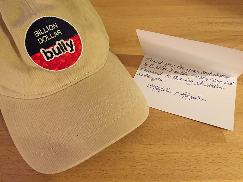 Billion Dollar Bully hat and thank-you card