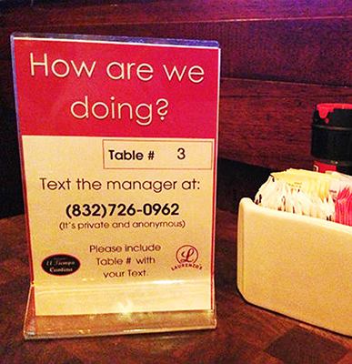 TalkToTheManager table sign at Laurenzo's El Tiempo Cantina