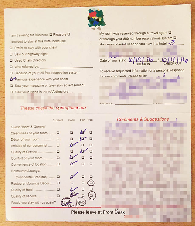 hotel comment card we received, with information scrambled